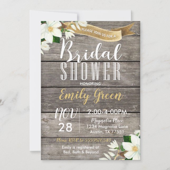 Magnolia Flower Bridal Shower Invitation Rustic (Front)