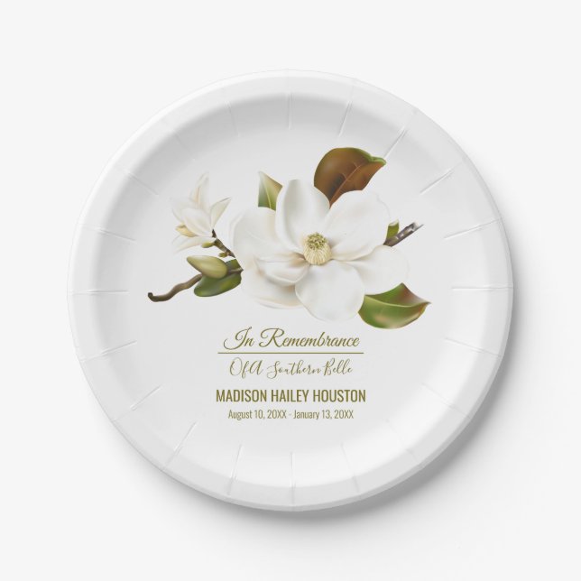Magnolia Flower Funeral Memorial Paper Paper Plate (Front)