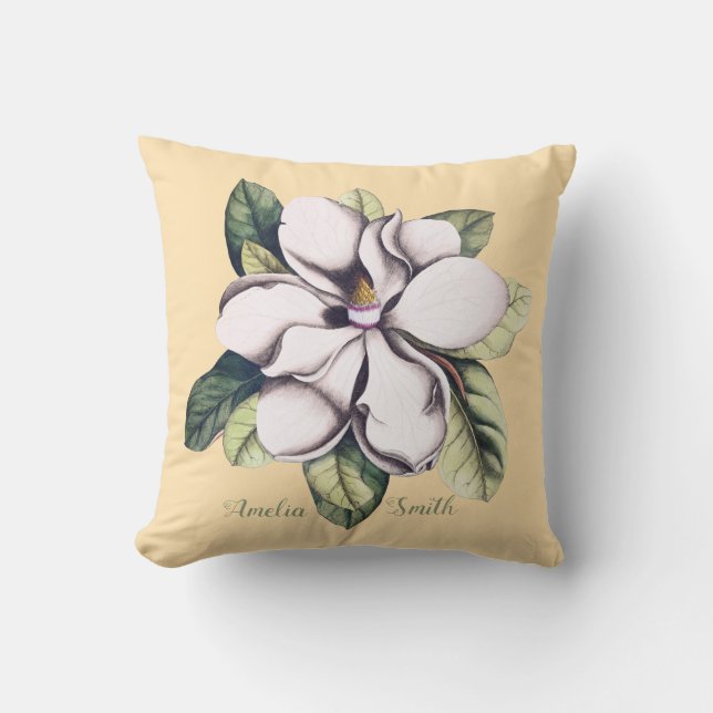 Magnolia Flower Monogram Name Cushion (Front)