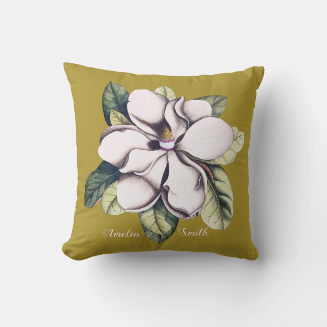 Magnolia Flower Monogram Name Cushion (Front)
