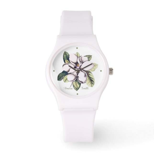 Magnolia Flower Monogram Name Watch (Front)