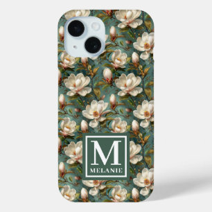 Magnolia Flower Pattern Name and Monogram iPhone 15 Case