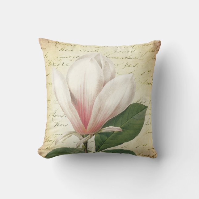 Magnolia Flower Vintage Botanical Cushion (Front)