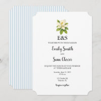 Magnolia Flower Wedding Monogram Blue Stripe