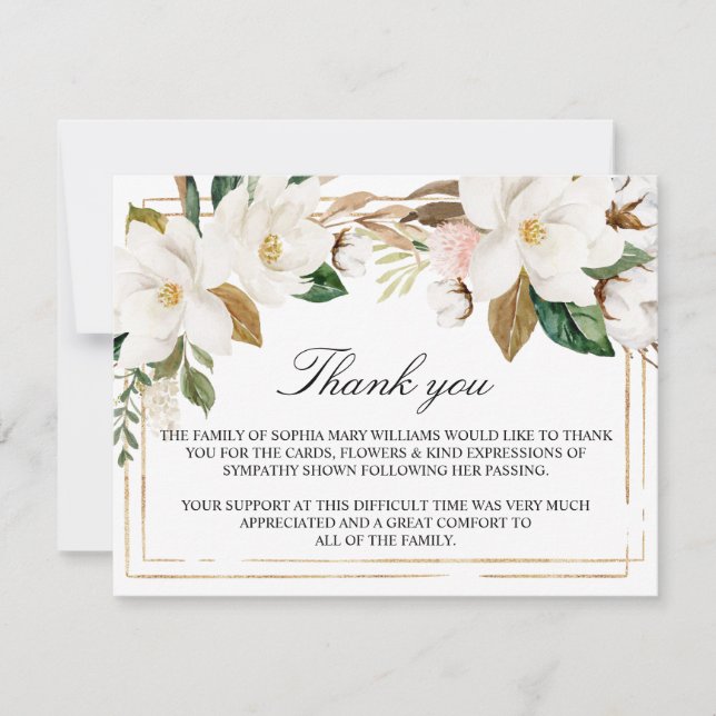 Magnolia Flowers & Gold Frame Funeral Thank You Card (Front)
