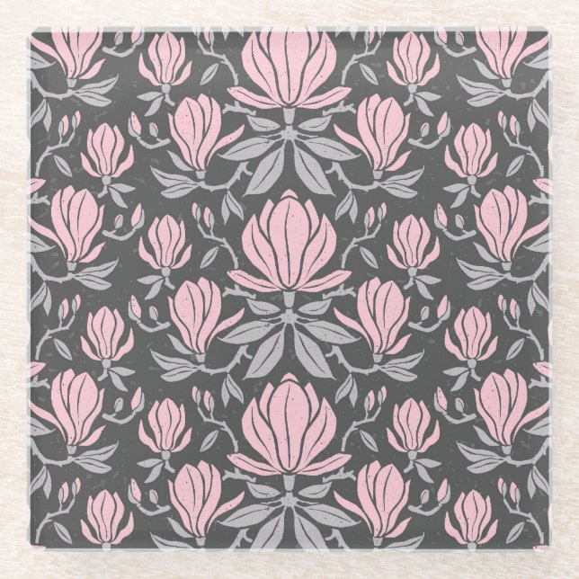 Magnolia flowers, hand-drawn seamless pattern. glass coaster (Front)