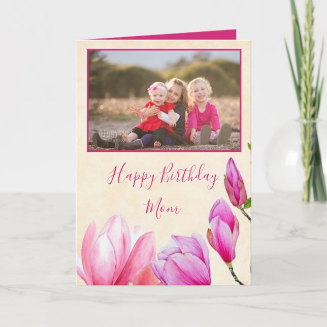 Magnolia Flowers Happy Birthday Mum Photo Card (Front)