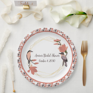 Magnolia Flowers in Coral Bridal Shower  Paper Plate