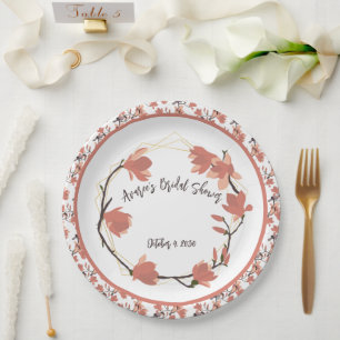 Magnolia Flowers in Coral Bridal Shower Paper Plate