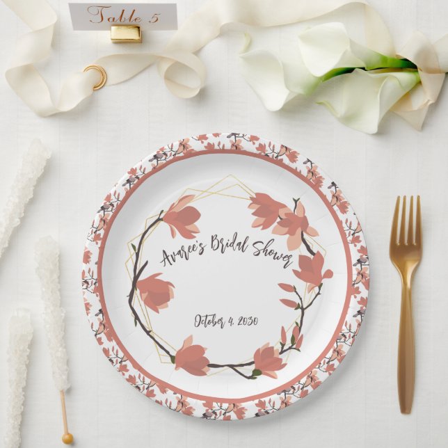 Magnolia Flowers in Coral Bridal Shower Paper Plate (Wedding)