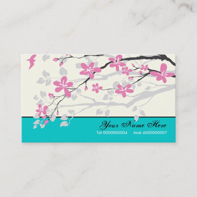 Magnolia flowers pink, turquoise floral business card (Front)