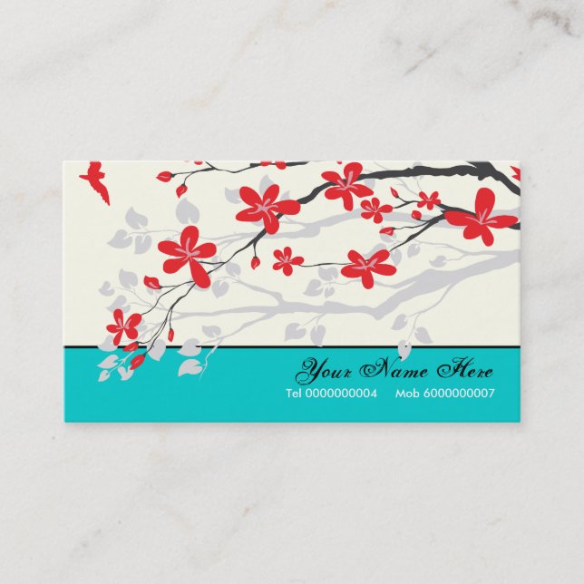 Magnolia flowers red turquoise blue floral business card (Front)
