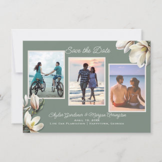 Magnolia Flowers Three Photo Wedding Save the Date