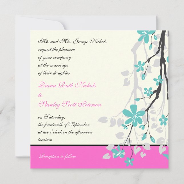 Magnolia flowers turquoise, hot pink wedding invitation (Front)