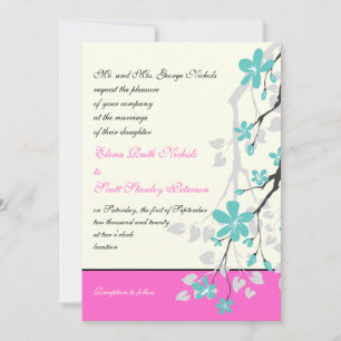 Magnolia flowers turquoise, hot pink wedding invitation