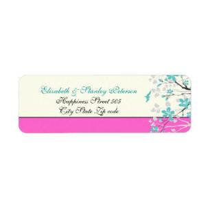 Magnolia flowers turquoise, hot pink wedding label