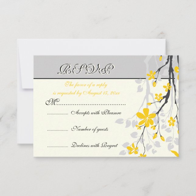 Magnolia flowers yellow, grey wedding RSVP card (Front)