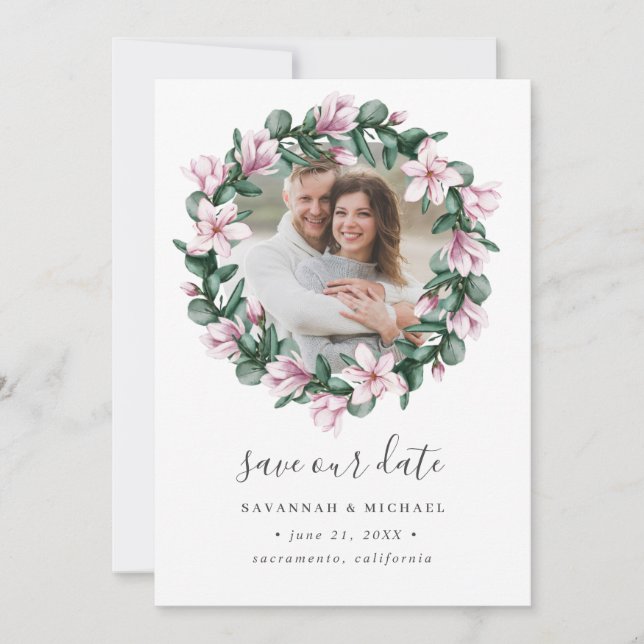 Magnolia Frame Wreath Photo wedding save the date (Front)