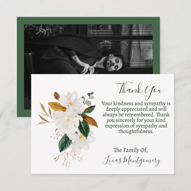 Magnolia Funeral Photo Thank You, Sympathy   Card (Front/Back)