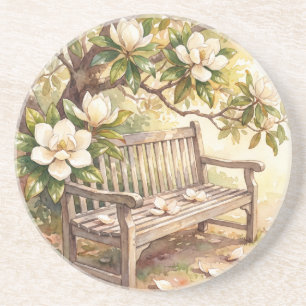 Magnolia Garden Bench Watercolor Floral Coaster