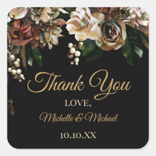 Magnolia Gold and Black Floral Thank You Square Sticker