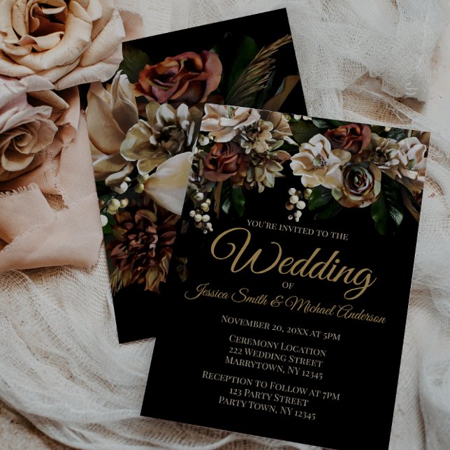 Magnolia Gold and Black Floral Wedding Invitation (Creator Uploaded)