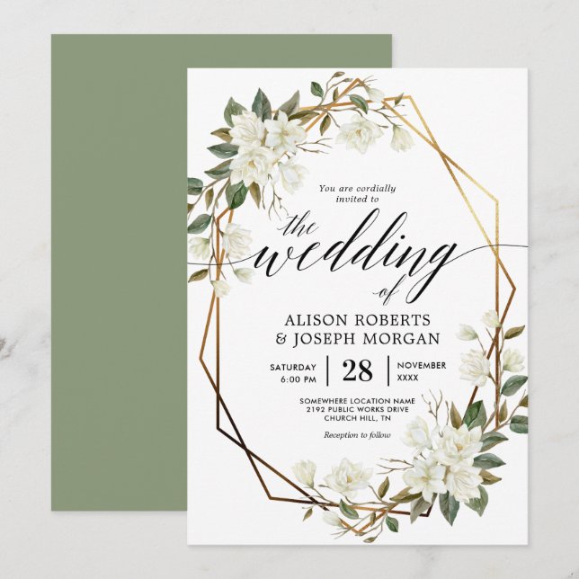 Magnolia gold geometric frame wedding invitation (Front/Back)