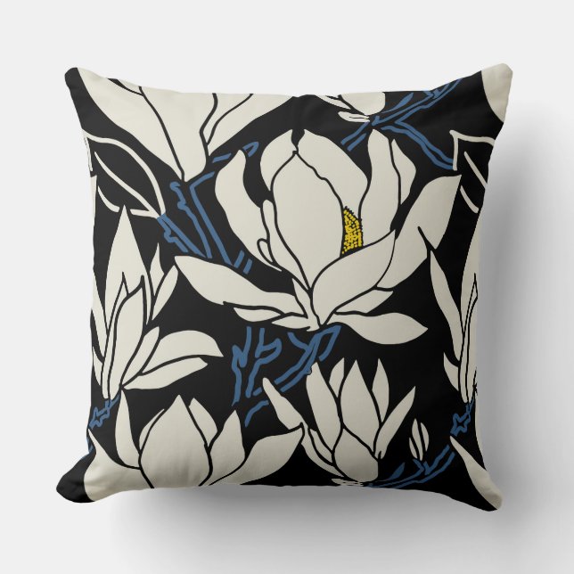 Magnolia graphic in beige and black pattern cushion (Front)