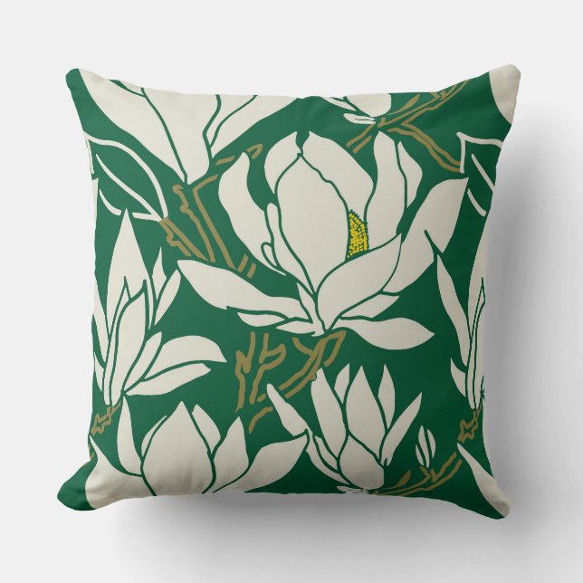 Magnolia graphic in emerald pattern cushion (Front)