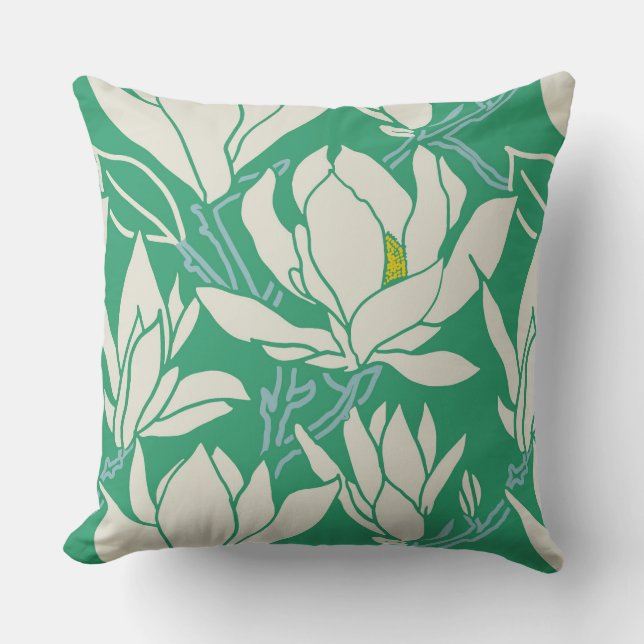 Magnolia graphic in green pattern cushion (Front)