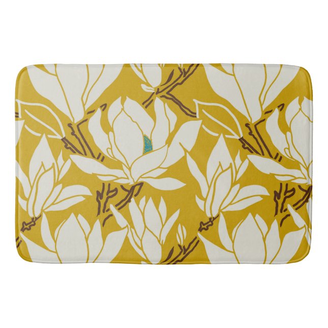 Magnolia graphic in mustard pattern bath mat (Front)