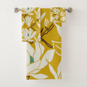 Magnolia graphic in mustard pattern bath towel set