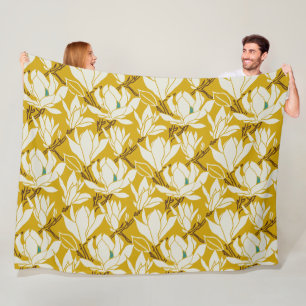 Magnolia graphic in mustard pattern fleece blanket
