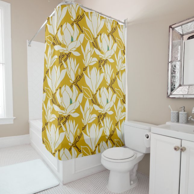 Magnolia graphic in mustard pattern shower curtain (In Situ)