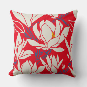 Magnolia graphic in red pattern cushion