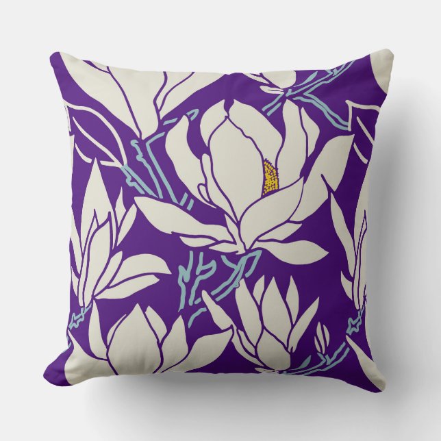 Magnolia graphic in violet pattern cushion (Front)