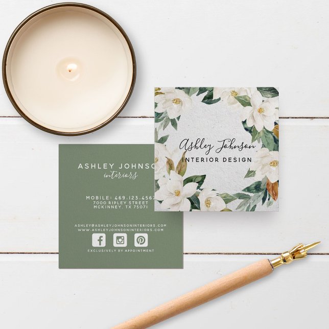 Magnolia Greenery Wreath Script Typography Square Business Card (Creator Uploaded)