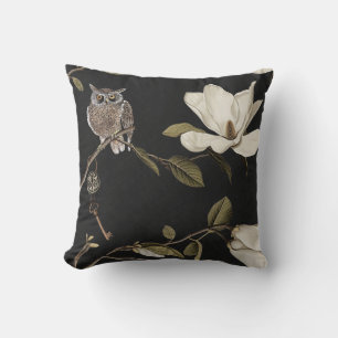 Magnolia Grove with Owls 02 Black White Olive Cushion