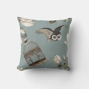 Magnolia Grove with Owls 03 Duck egg blue Cushion