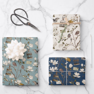 Magnolia Grove with Owls in Cream and Blue Wrapping Paper Sheet