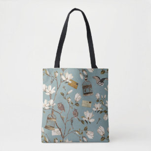 Magnolia Grove with Owls in Duck egg blue Tote Bag