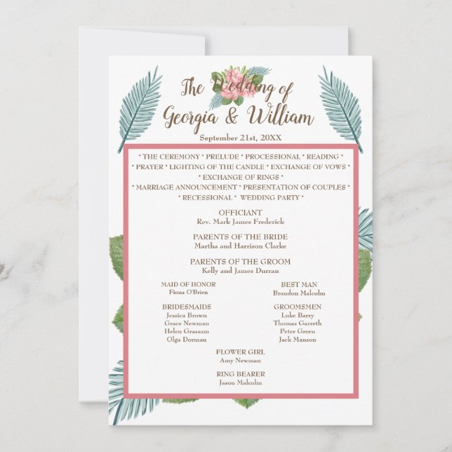Magnolia Lilies Bouquet Wedding Program Menu Chart (Front)
