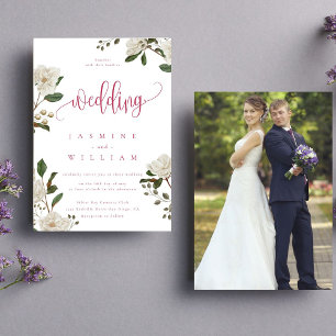 Magnolia Modern Photo Magenta Red Wedding Invitation
