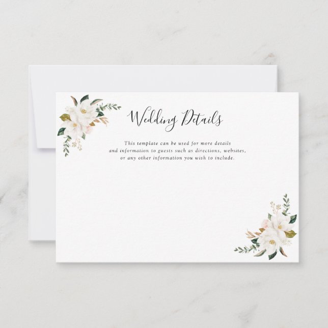 magnolia navy blue floral wedding details card (Front)