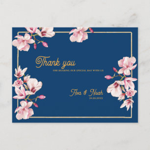 Magnolia Navy Blue Floral Wedding Thank You Postcard