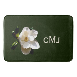 Magnolia on Dark Green with Monogram Bath Mat