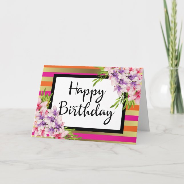 Magnolia on Pink & Faux Gold Stripes Birthday Card (Front)