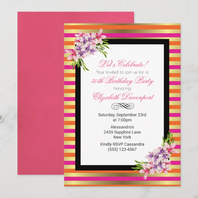 Magnolia on Pink & Faux Gold Stripes Birthday Invitation (Front/Back)