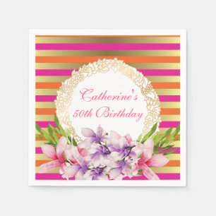 Magnolia on Pink & Faux Gold Stripes Birthday Napkin