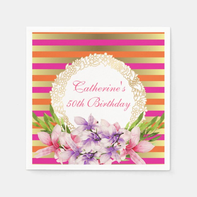 Magnolia on Pink & Faux Gold Stripes Birthday Napkin (Front)
